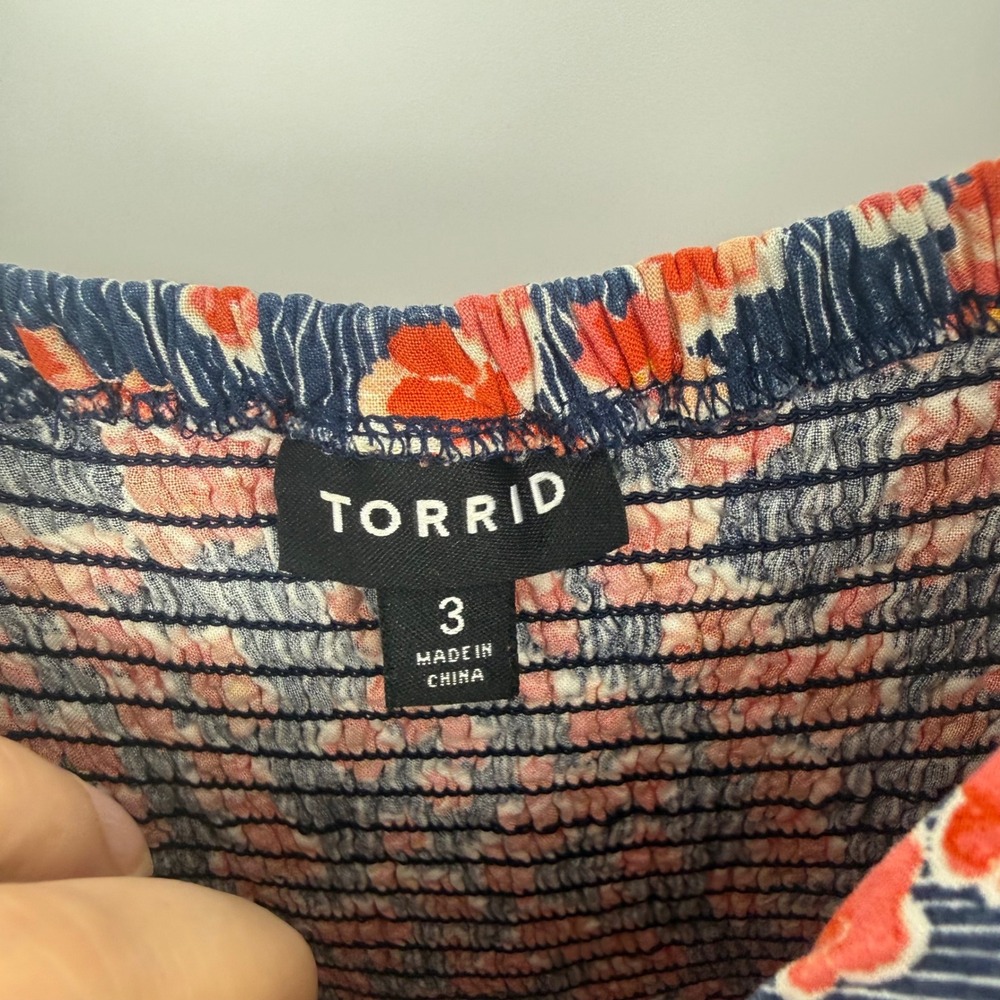 Torrid Womens 3 Floral High Low Midi Dress Navy Blue Orange Button Front Smocked - Picture 5 of 6